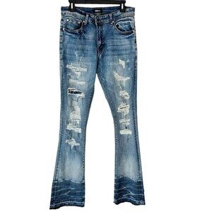 Nova Men Jeans Flare Distressed Wash 30 Blue‎ Denim Excellent Condition!